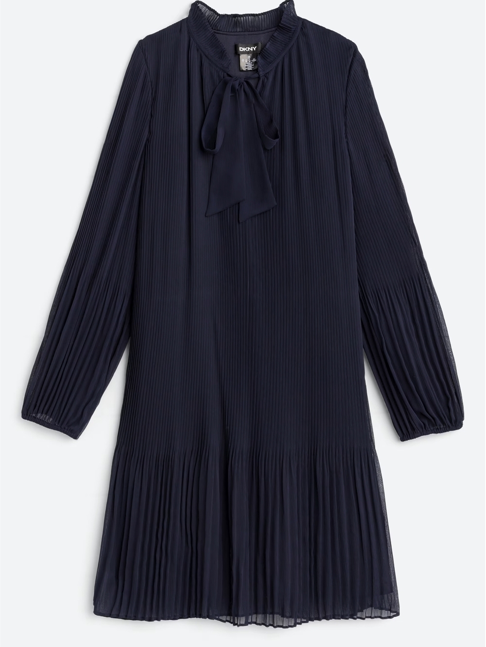 DKNY Navy Pleated Tie-Neck Shift Dress